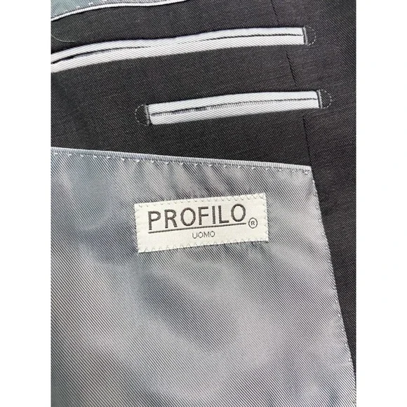 Profilo Uomo 48S 45x29 Charcoal 2pc Pant Suit 100% Wool Pleated Two Button